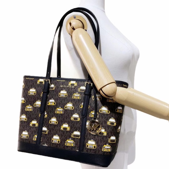 Michael Kors Jet Set Travel Top Zip Tote Brown MK Black Taxi - Picture 5 of 7